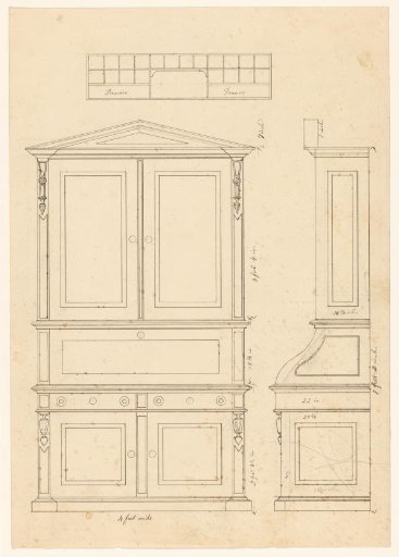 Design for a writing desk with a backboard, with side view and detail of the interior