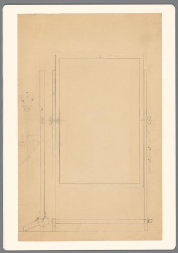 Design for an adjustable fire screen, front and side view and details. Verso: Details of fire screens