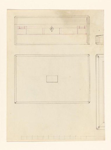 Design for a writing box, front and top view and two cutaway views