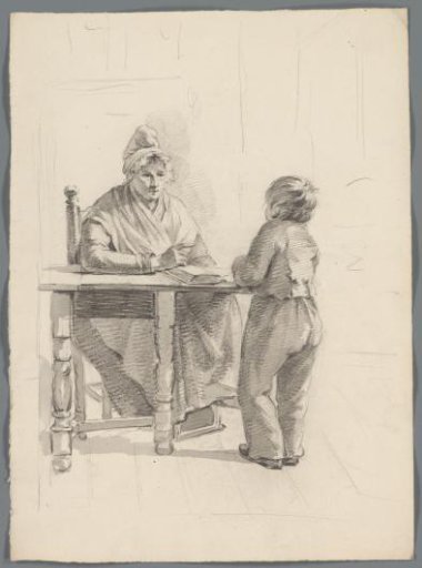 Woman at a Table with a Book and a Child