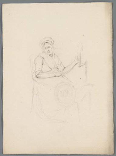 Woman behind a spinning wheel