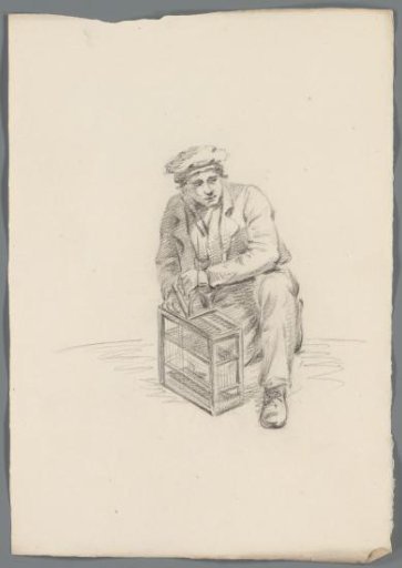 Crouching man with a cage