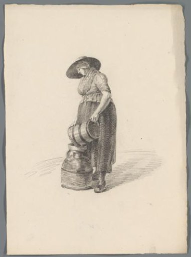 Woman Pouring Milk from a Bucket into a Milk Can