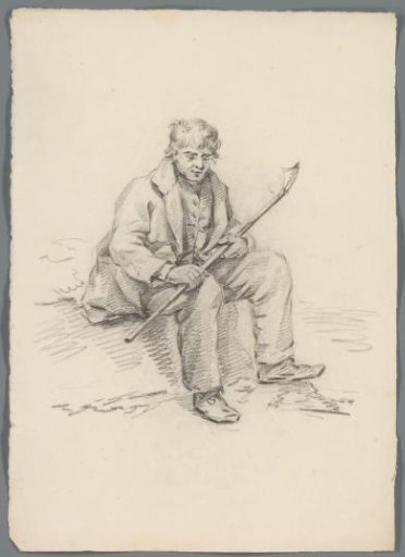 Seated man with a walking stick