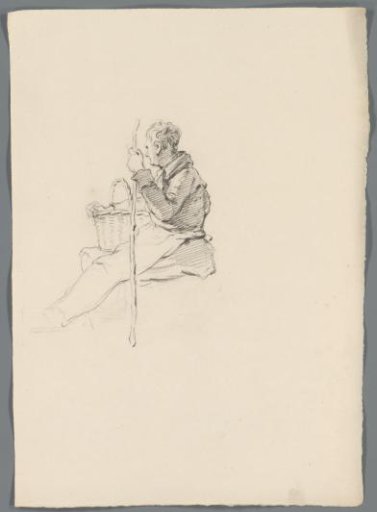 Seated Man with a Basket and Walking Stick