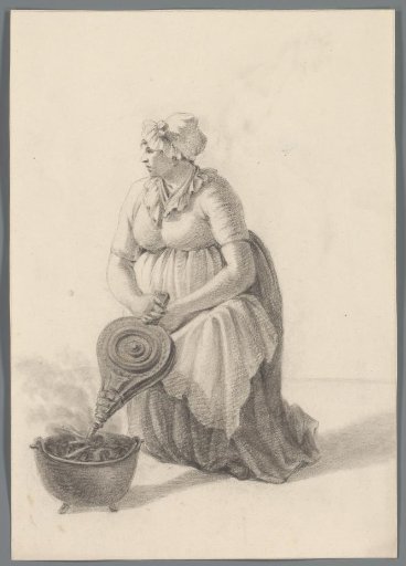 Woman Stoking a Fire with a Bellows