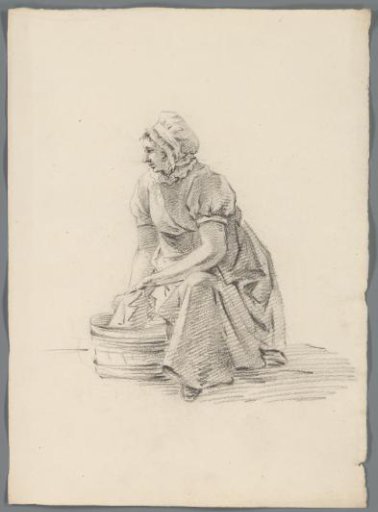 Crouching woman next to a wash tub