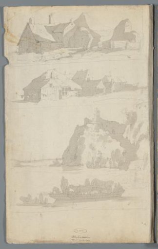 Farmhouses and a boat with cattle