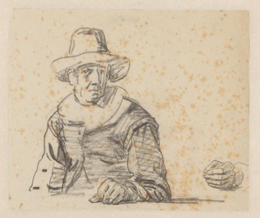 Figure study of a seated man in antique-style clothing and a study of a hand