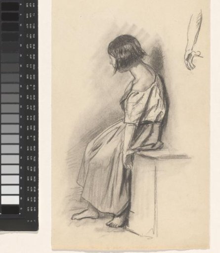 Figure study of a seated girl in antique-style clothing and a study of a forearm