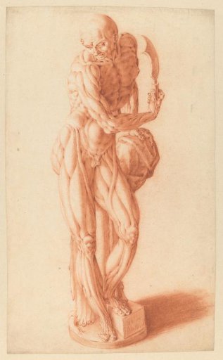 Écorché of a standing man leaning forward with a dagger in his right hand