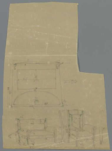 Design for a piece of furniture with a mirror, a bench and a chair