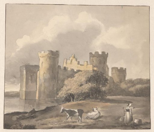 Cows and a milkmaid by a castle
