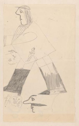 Children's drawing of a walking man and other figures