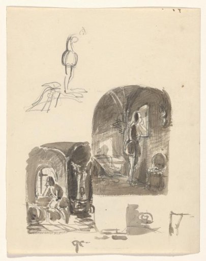 Sketch sheet with studies of a man looking out of a window