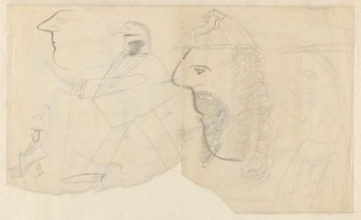 Children's drawing with a walking figure, faces and profiles