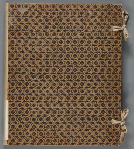 Cover for eighteen Persian miniatures, fragment of a sheet of decorative paper and a woodcut
