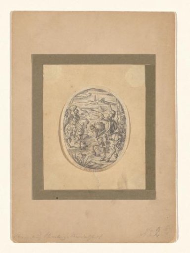 Two Roman generals on horseback greeting each other