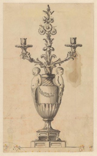 Design for a vase-shaped candelabrum for two candles, with two boys and a flower branch rising from a leaf wreath