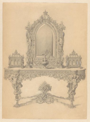 Gilded silver toilet set on accompanying table, made in 1847-1851 by François-Désiré Froment-Meurice, offered in 1851 by the ladies of France as a wedding gift to the Duchess of Parma