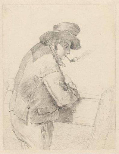 Man with a Pipe Leaning on a Fence