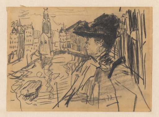 The painter Thérèse Schwartze on a balcony overlooking the Singel in Amsterdam