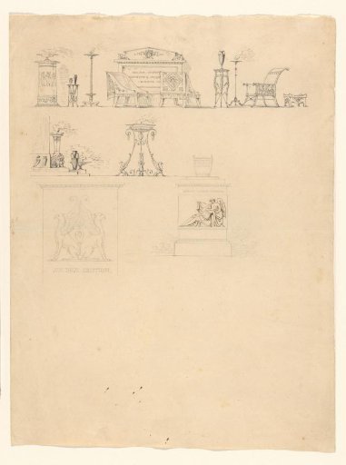 Study sheet with seating furniture, smoking vessels, cellars, and other objects