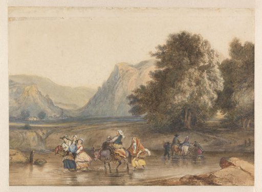 Landscape with travelers wading through water