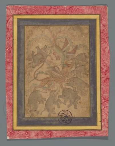 Simurgh attacking a gaja-simha (elephantlion)