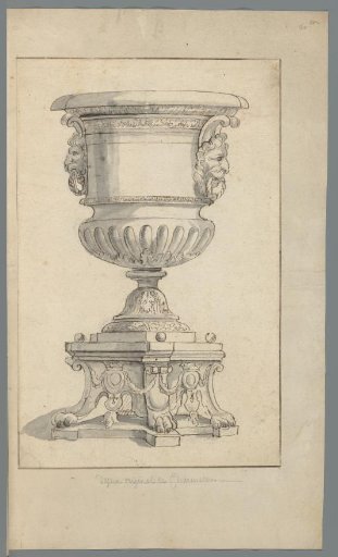 Design for a silver vase with handles in the form of lion heads with rings