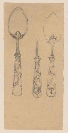 Two Designs for a Spoon, with a Third Design for the Handle in Between