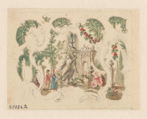 Design for the lid of a snuffbox with figures in a garden with a fountain