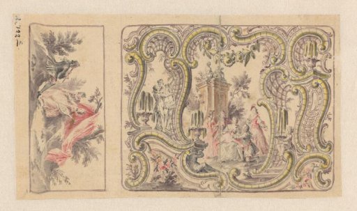 Design for the lid and a side of a snuffbox with loving couples and figures in a garden