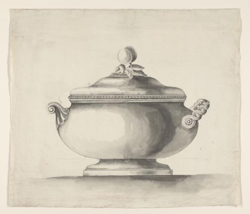 Design for a tureen with two different handles, a rocaille and a braided band