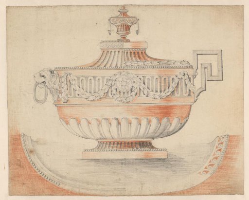 Design for a tureen on a saucer, with alternative solutions for the handles, lid, and rim of the dish
