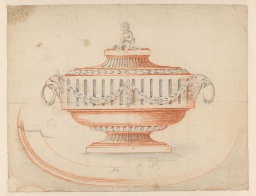 Design for a tureen, crowned by a boy, on a saucer