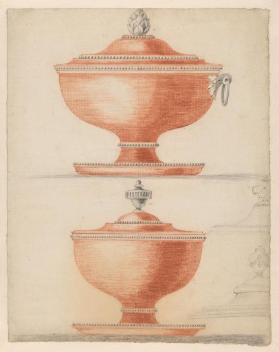 Design for two tureens on saucers, with two sketches of lids to the lower right