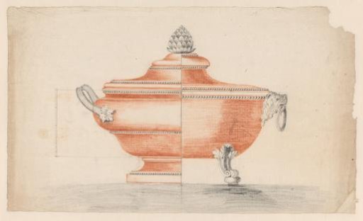 Design for a tureen, divided into two alternative halves, with a lion's head as a handle to the right
