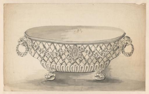 Design for a basket with lion's heads with wreaths as handles
