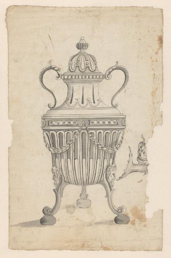 Design for a tap jug with bearded male heads, the tap with a snake drawn separately
