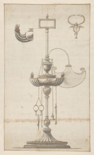 Design for a silver oil lamp, with variations for the crowning element and the flame holder