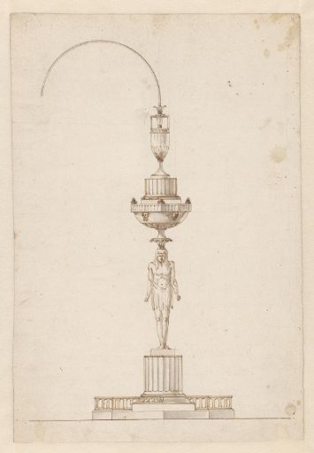 Design for a silver oil lamp with an Egyptian figure
