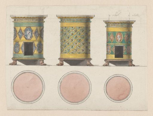 Design for three round stoves, with floor plans below