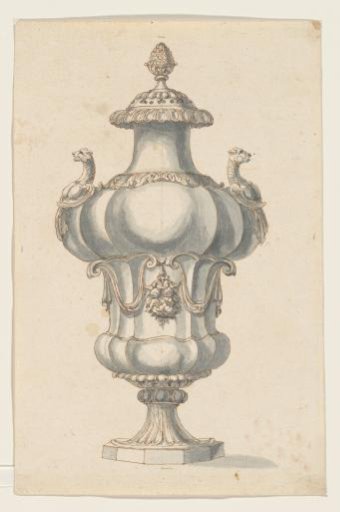 Design for a lidded vase with handles in the form of winged monsters