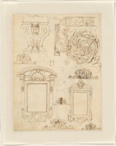 Designs for a table foot, tabernacle frames, and crowns