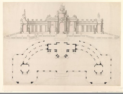 Design drawing for the theater for the fireworks for the Peace of Aachen in The Hague, 1749