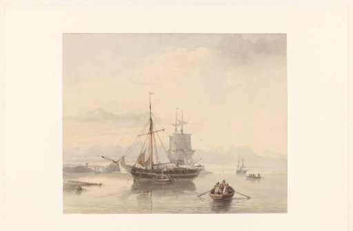 River landscape with skiffs and sailing ships