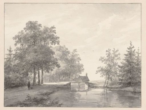 Landscape with canal and bridge, on the left a hunter with dog