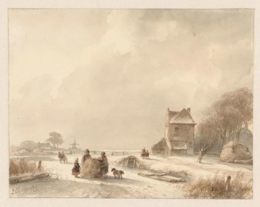 Winter landscape with hay sledge and skaters