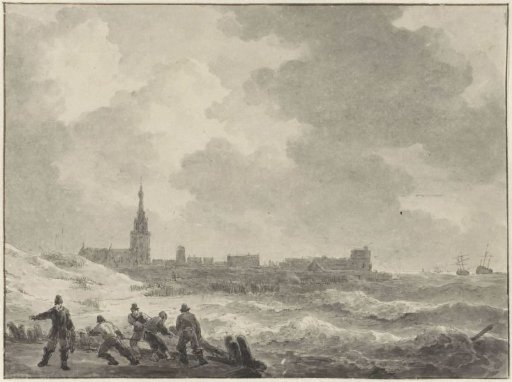 Coast with village and church tower (Scheveningen?), five men in the left foreground